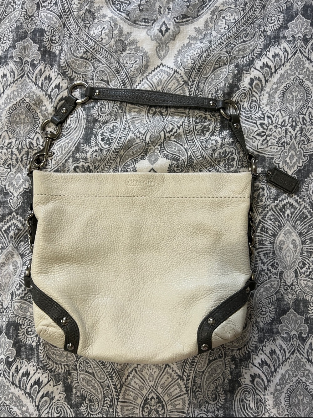 Coach Medium Carly Hobo Two-Tone Pebbled Leather Shoulder Bag in Cream and Gray